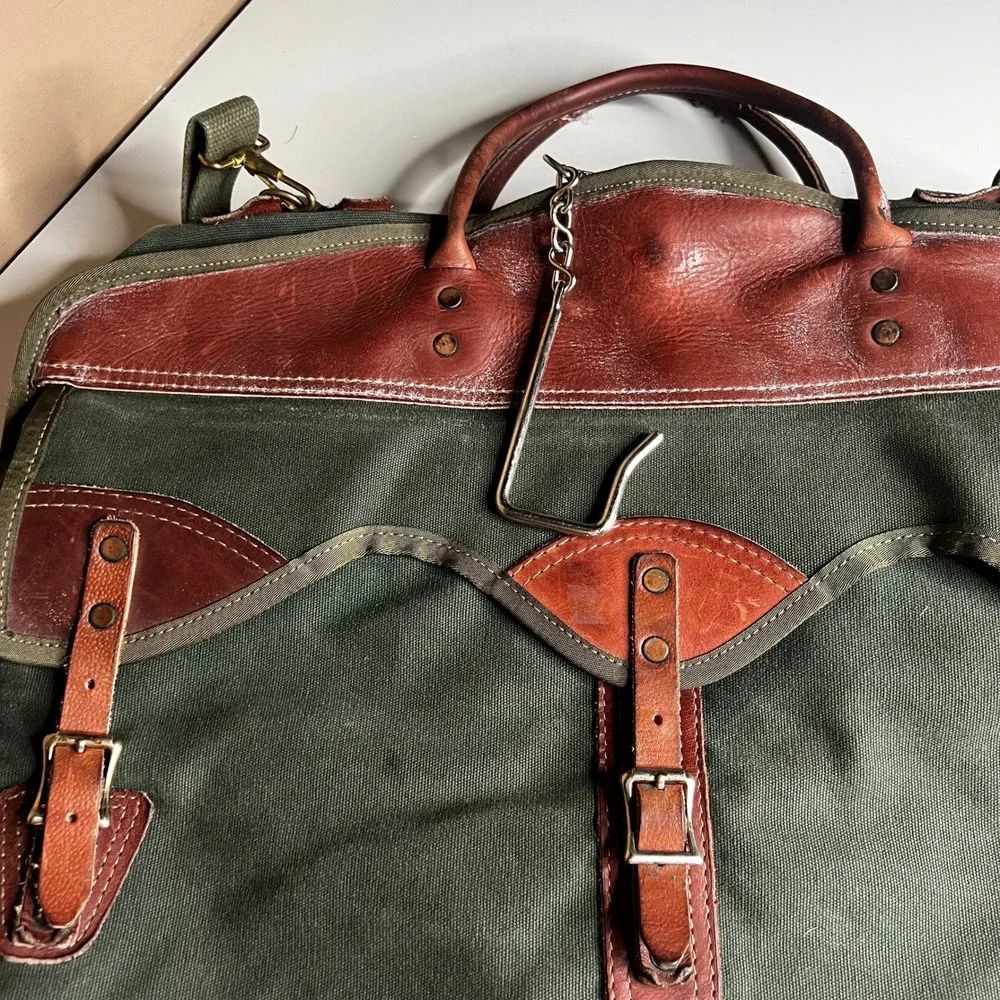 Orvis Garment Bag Vintage Canvas Leather Trim Olive Green Brown Travel Suit Bag